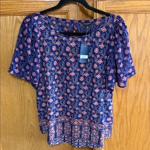 Lucky Brand Navy and Coral Floral Top